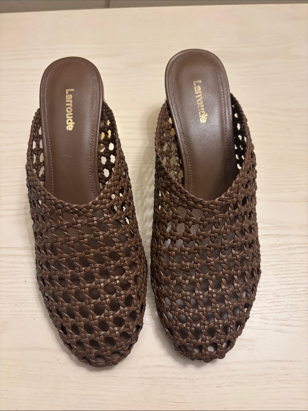 Larroude Brown Woven Leather Mule Slides